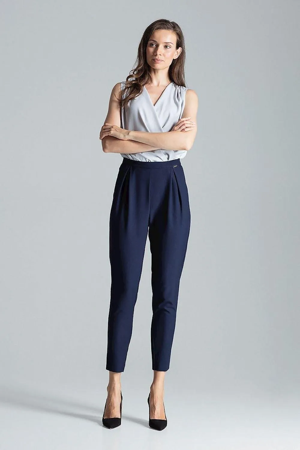 Chic Navy Blue Tailored Pleated Trousers for Women