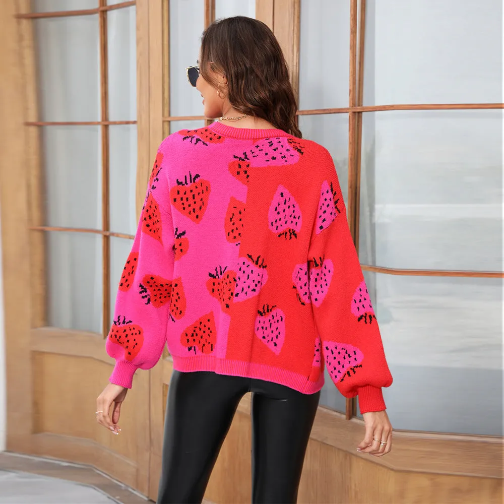 Fashion Long Sleeve Strawberry Printed V-Neck Buttoned Cardigan Knit Jacket Wholesale Womens Clothing