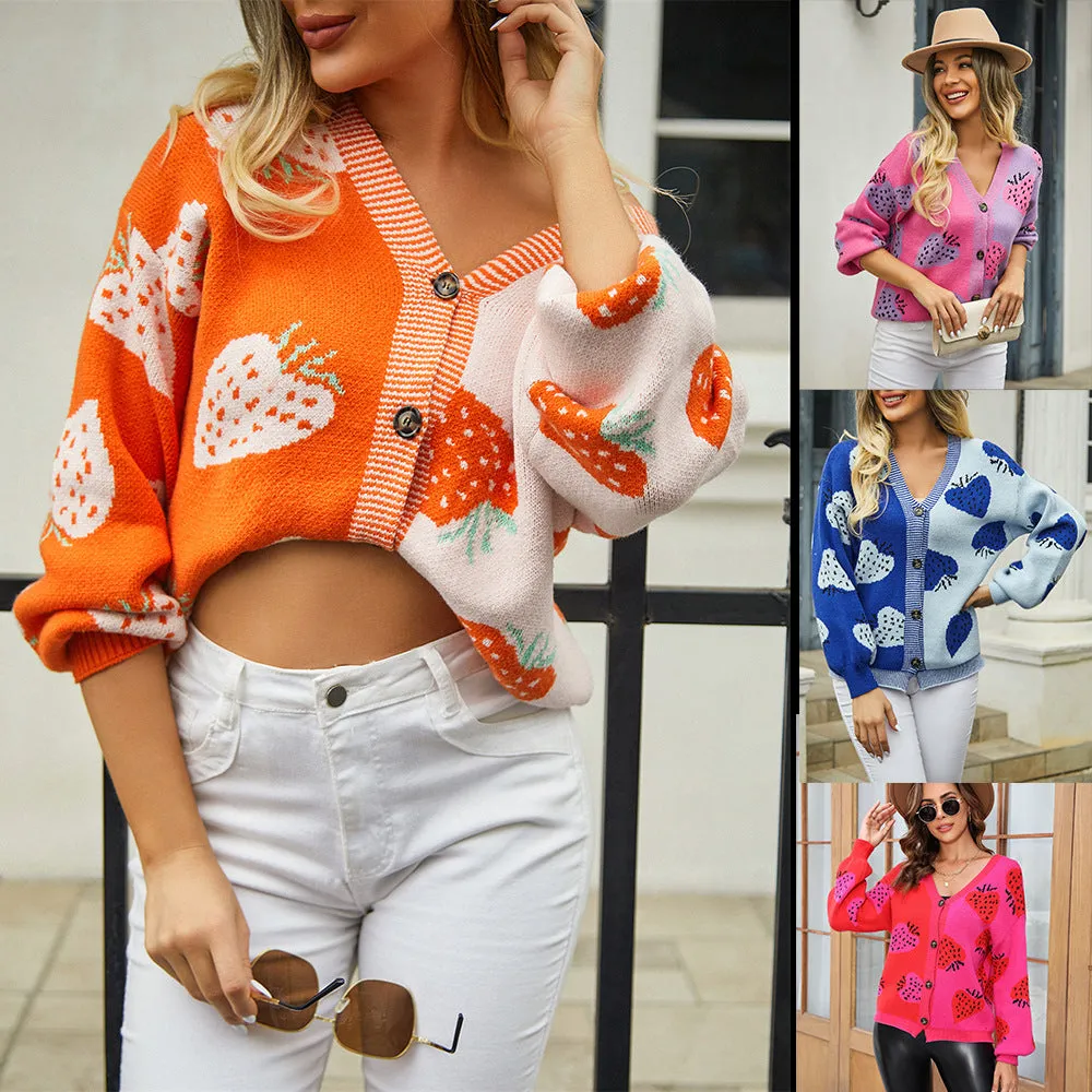 Fashion Long Sleeve Strawberry Printed V-Neck Buttoned Cardigan Knit Jacket Wholesale Womens Clothing
