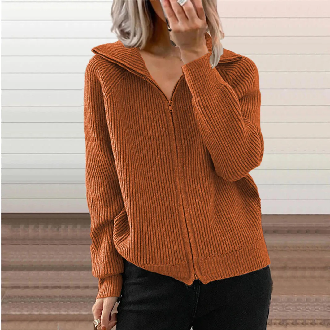 Loose Long Sleeve Lapel Knit Zipper Cardigan Wholesale Womens Clothing