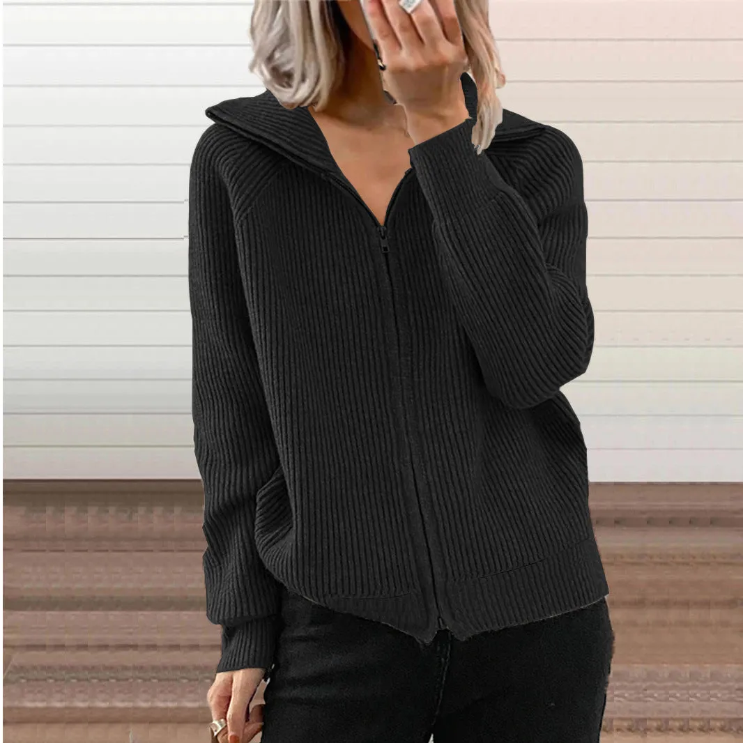 Loose Long Sleeve Lapel Knit Zipper Cardigan Wholesale Womens Clothing