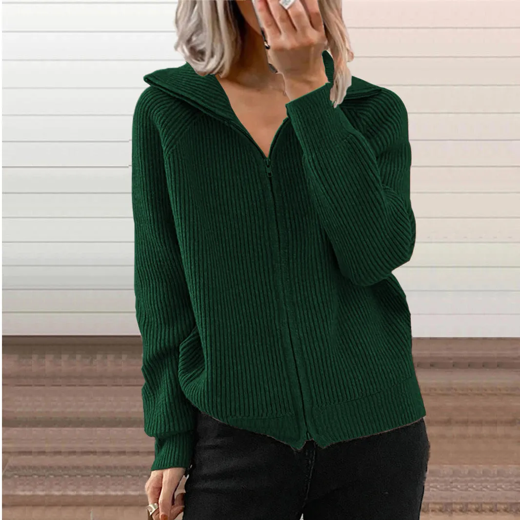 Loose Long Sleeve Lapel Knit Zipper Cardigan Wholesale Womens Clothing