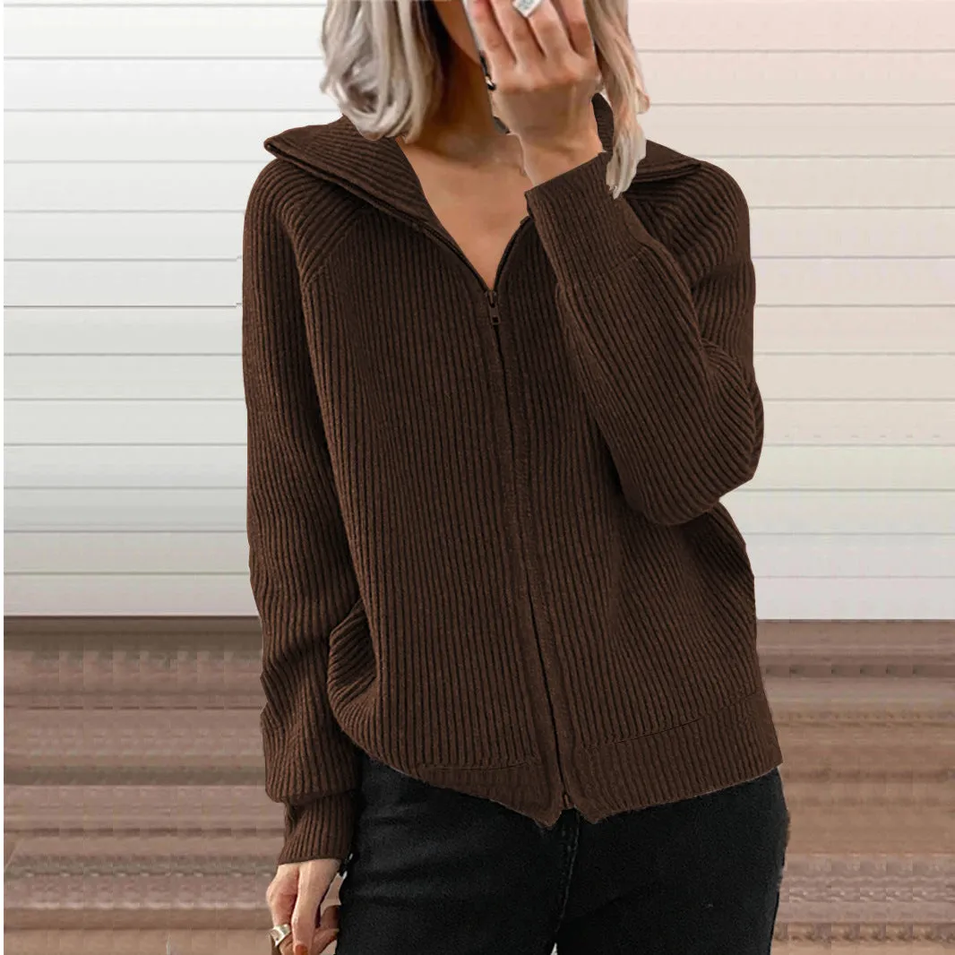 Loose Long Sleeve Lapel Knit Zipper Cardigan Wholesale Womens Clothing