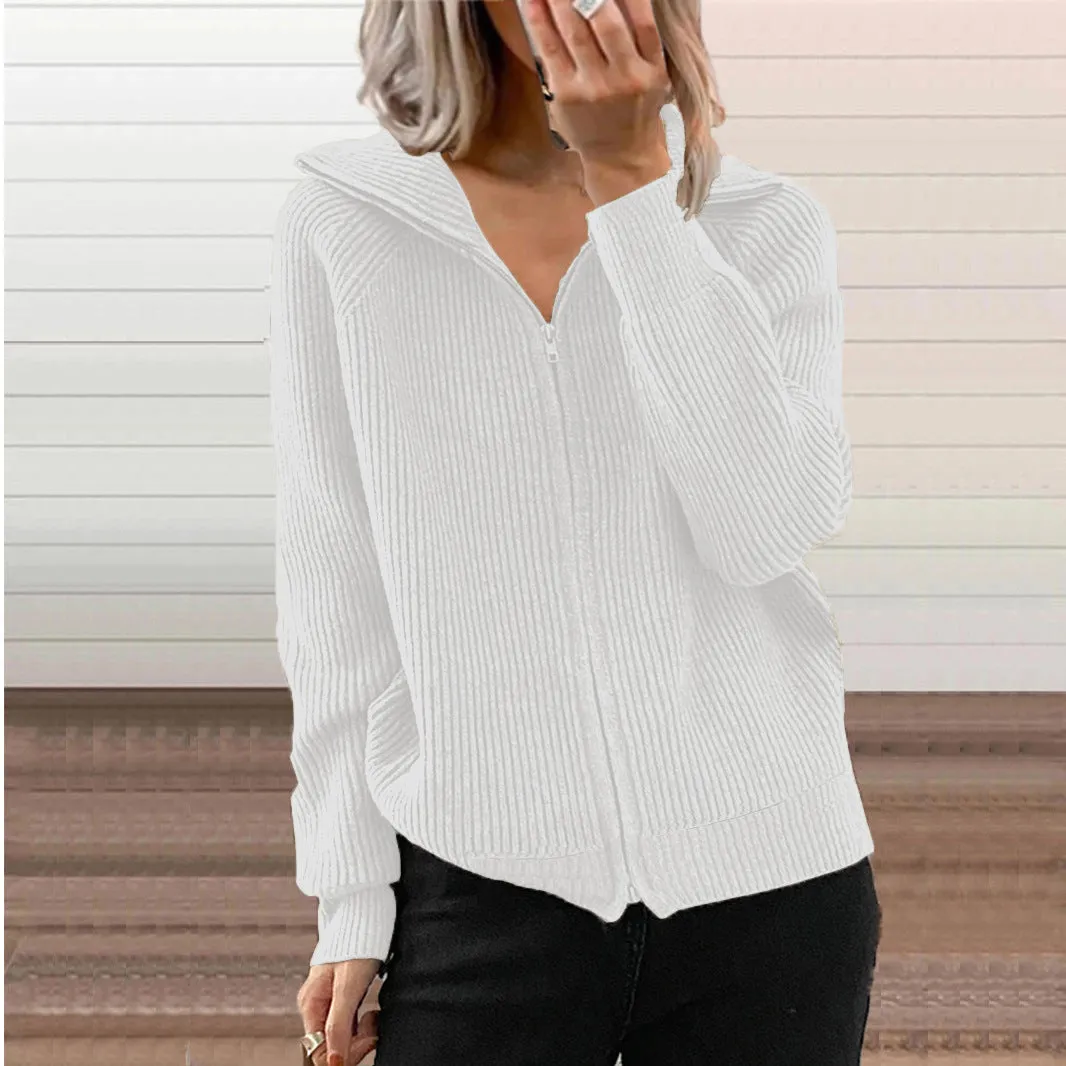 Loose Long Sleeve Lapel Knit Zipper Cardigan Wholesale Womens Clothing