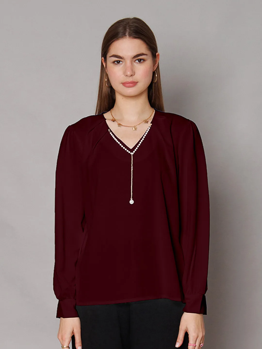 Maroon Solid Relaxed Fit Top
