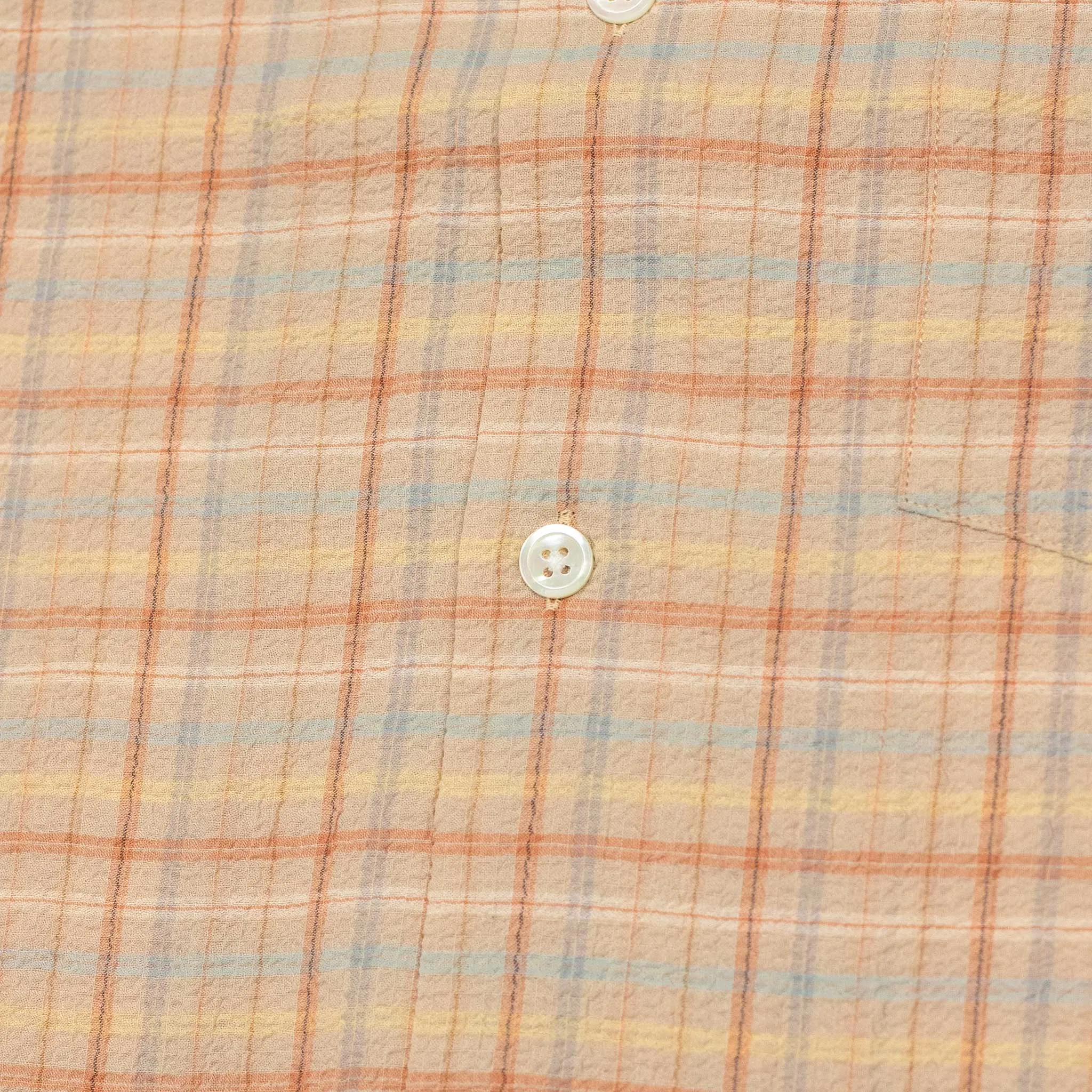 Plaid Crepe camp collar shirt in orange, beige, and blue plaid seersucker