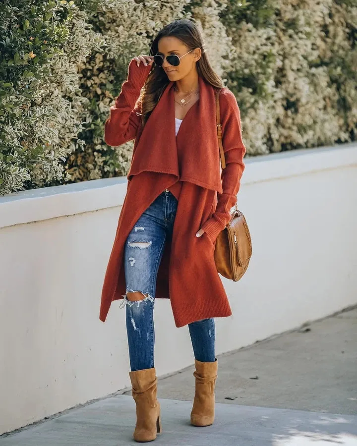 Solid Lapel Collar Jacket Womens Long Sleeve Fashion Cardigans Wholesale Clothing Vendors