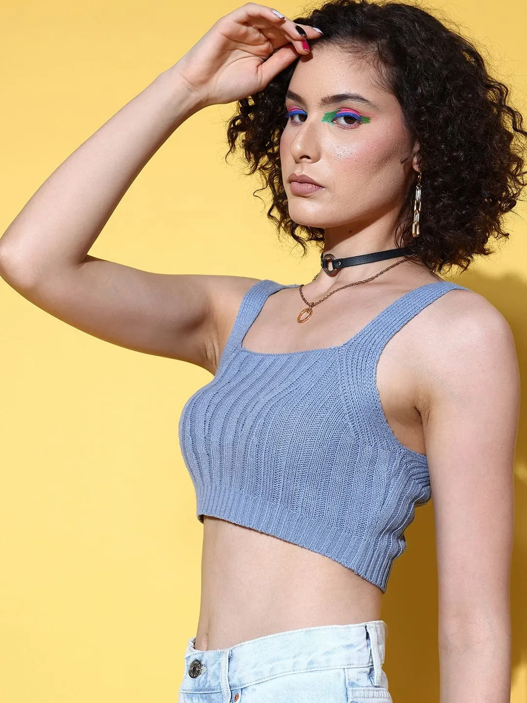 Women Dull Blue Wool Bustier Cami Top